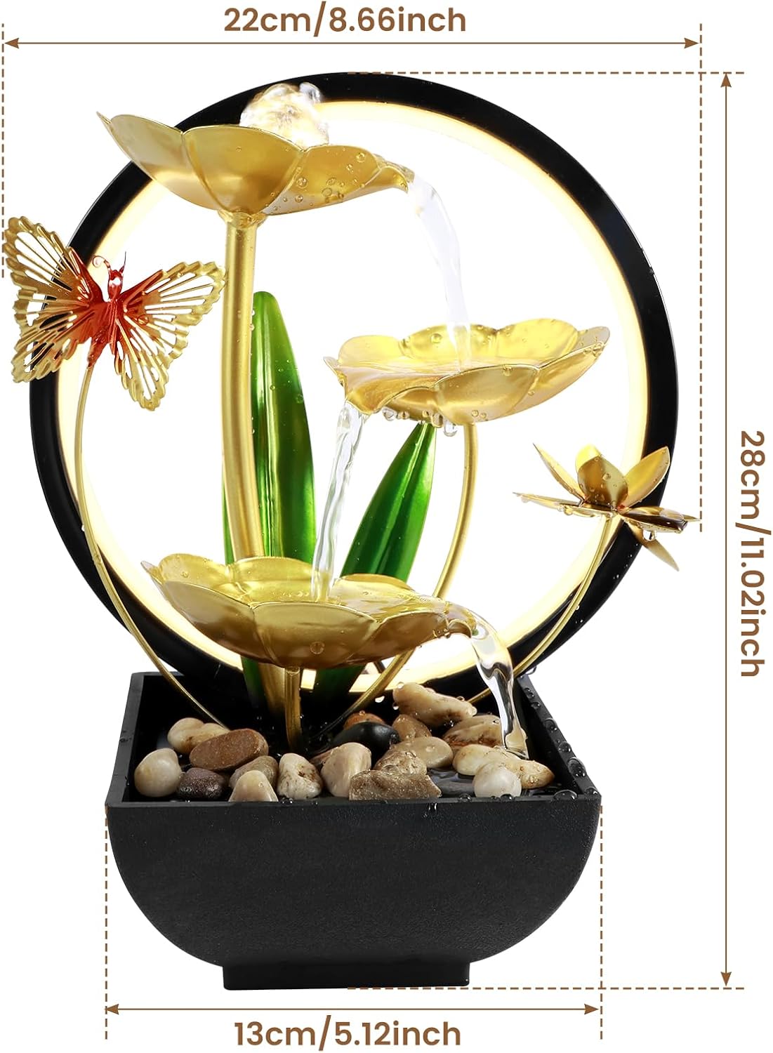 USB Powered Tabletop Fountain with LED Light and Natural Rocks