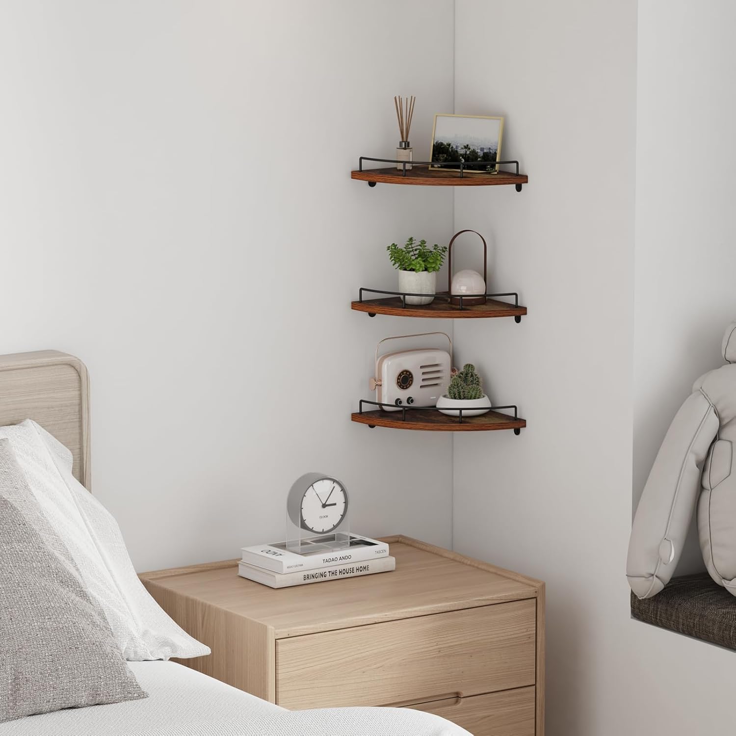 HORLIMER 3-Pack Brown Floating Corner Shelf Set