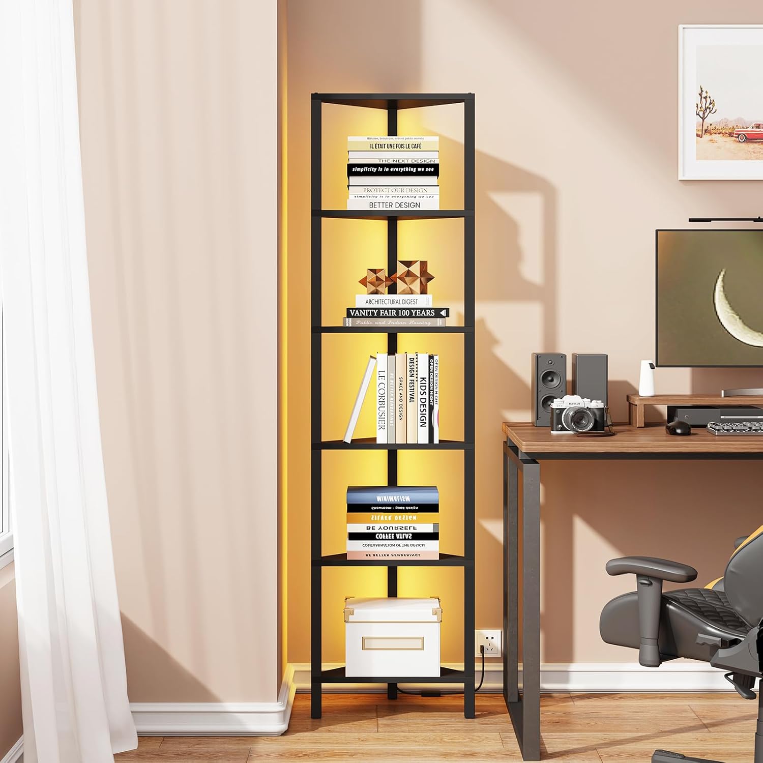 TUTOTAK Corner Shelf with LED Light 6-Tier Black BS05BK006L