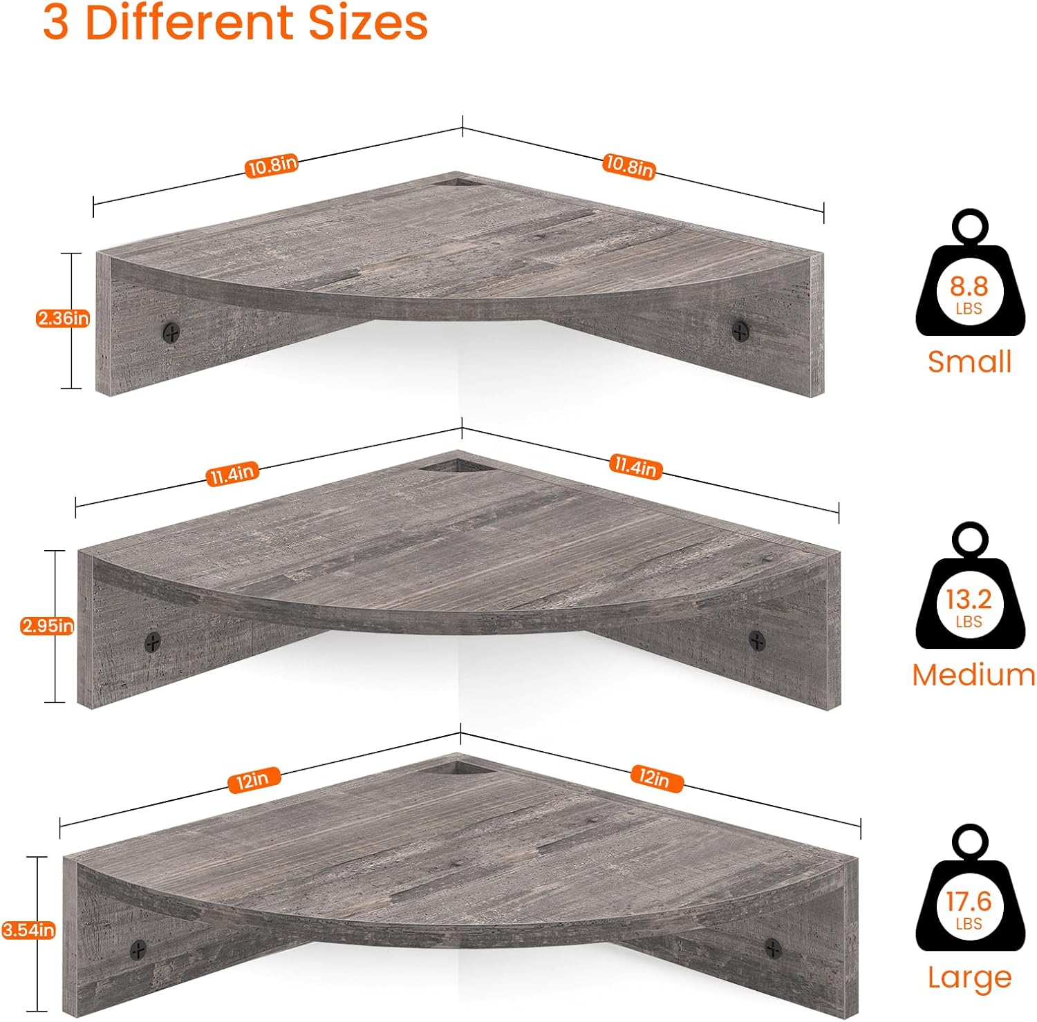 Homode Corner Floating Shelves Set of 3 Rustic Grey