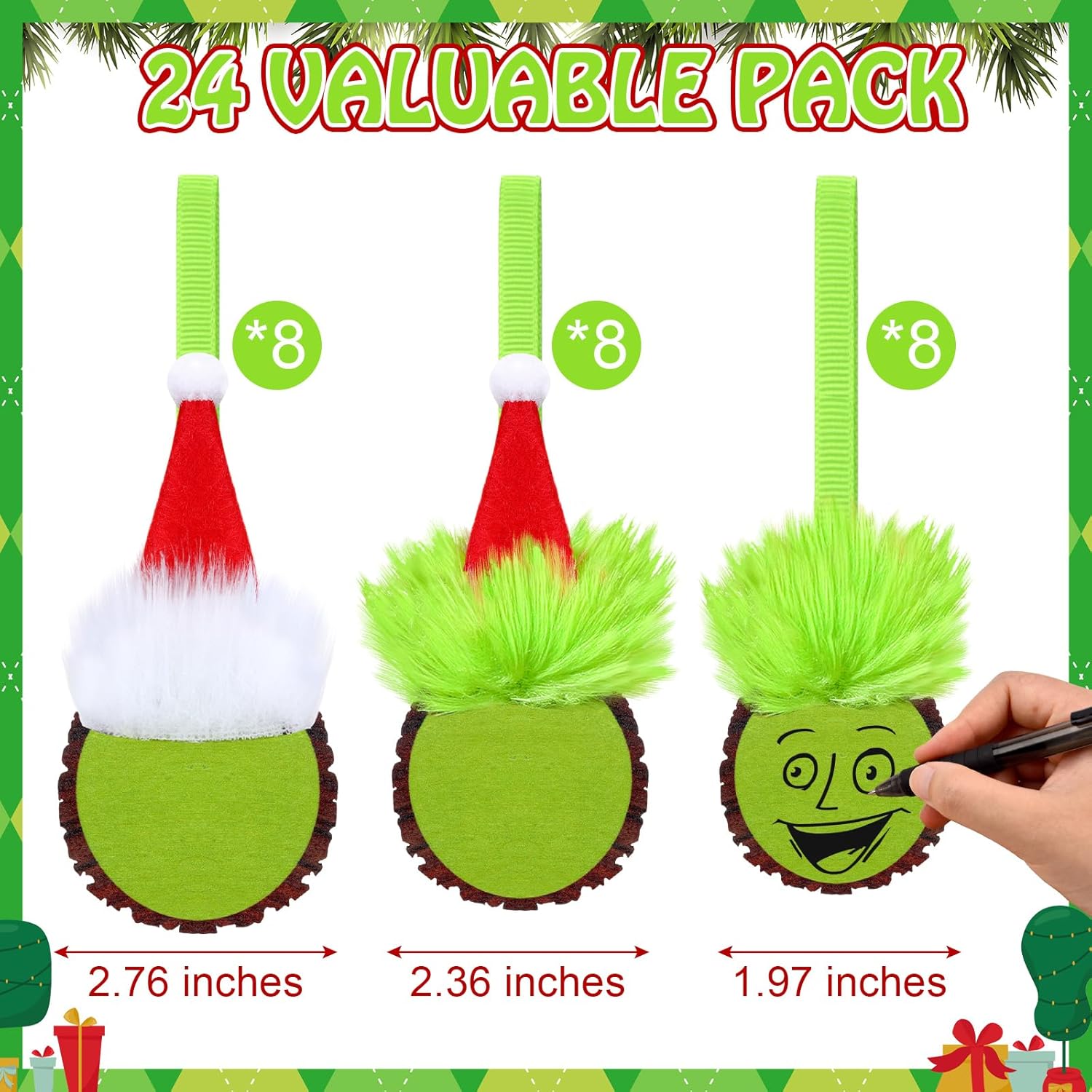Shellwei 24 Pack Christmas Green Monster Ornaments