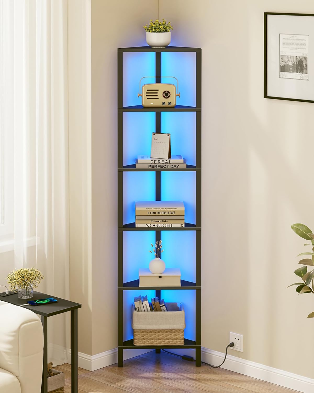 TUTOTAK Corner Shelf with LED Light 6-Tier Black BS05BK006L