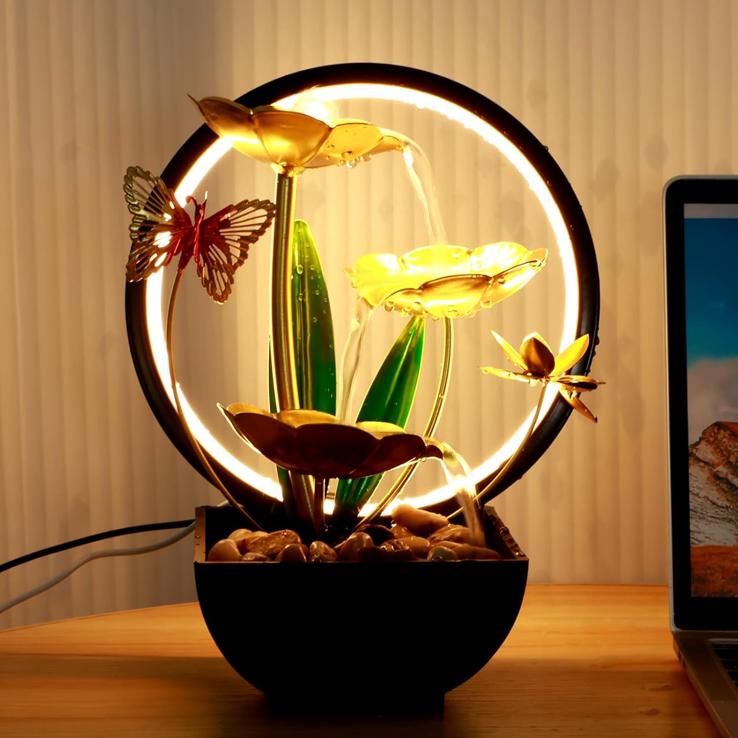 USB Powered Tabletop Fountain with LED Light and Natural Rocks