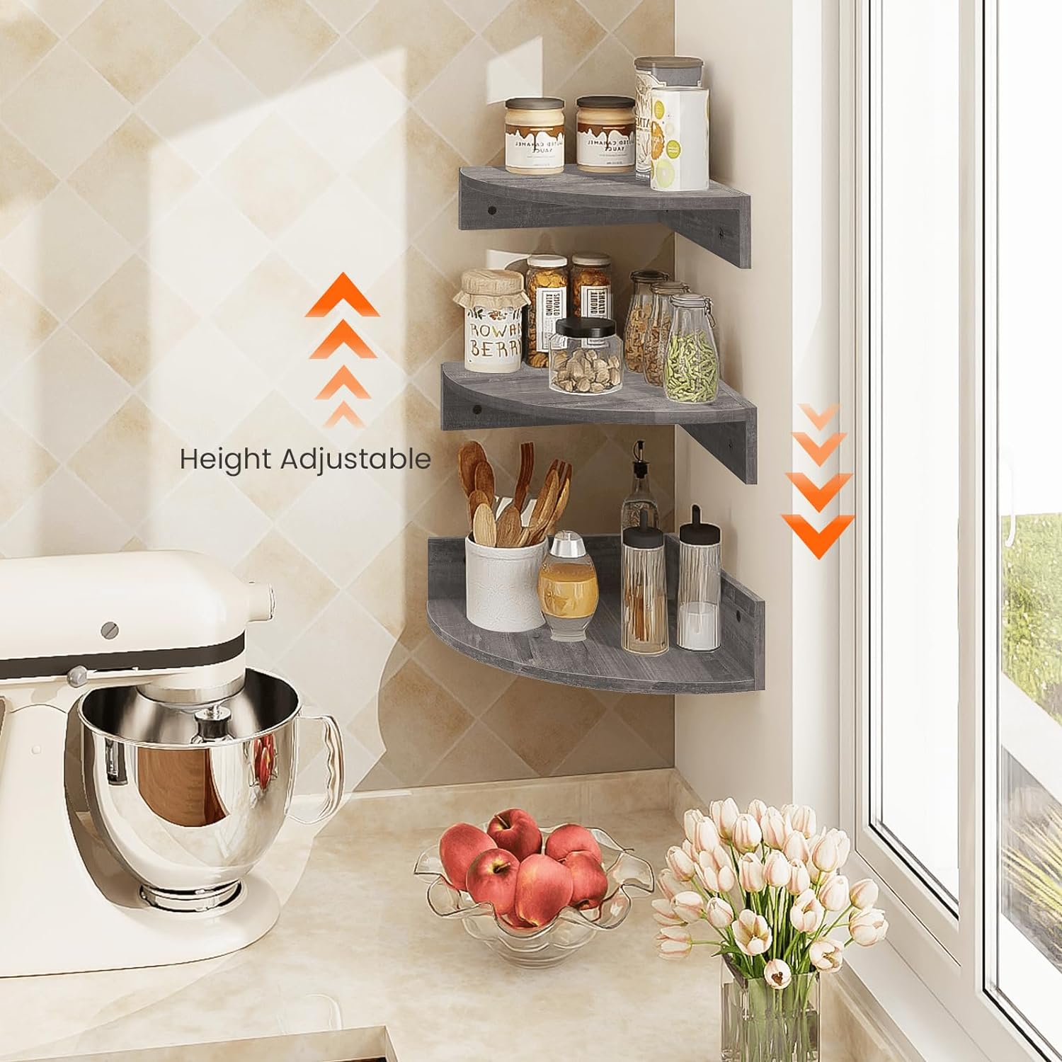 Homode Corner Floating Shelves Set of 3 Rustic Grey