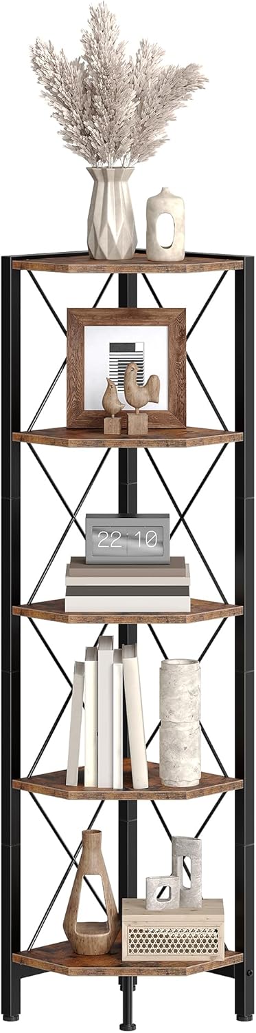 5-Tier Corner Shelf Rustic Brown and Black TCJ12BF