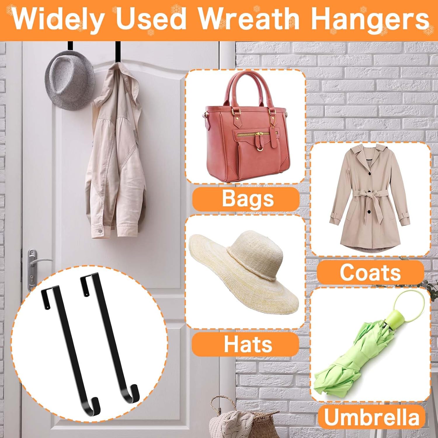 12 Inch Wreath Hangers Black Door Hooks 2 Pack