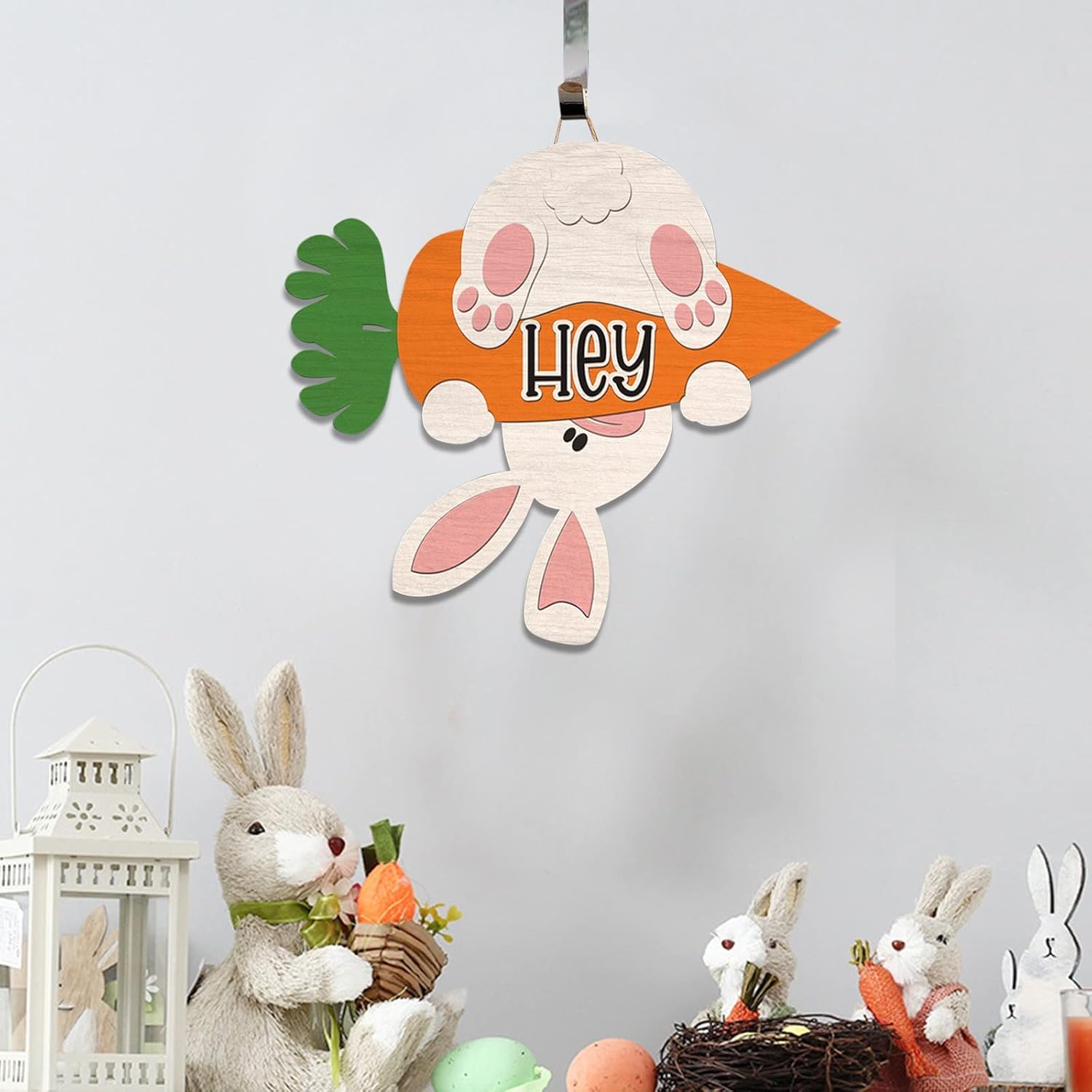 Easter Welcome Board Wooden Rabbit with Carrot Door Hanger
