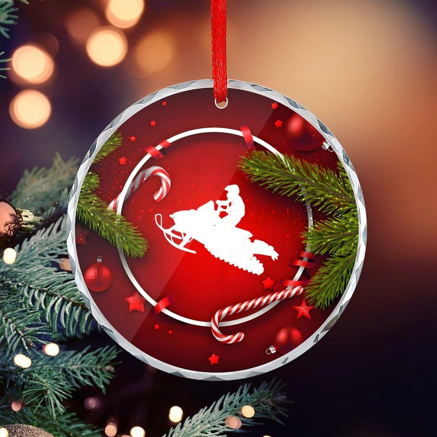 Snowmobile Christmas Glass Ornament 31 Inch Pendant