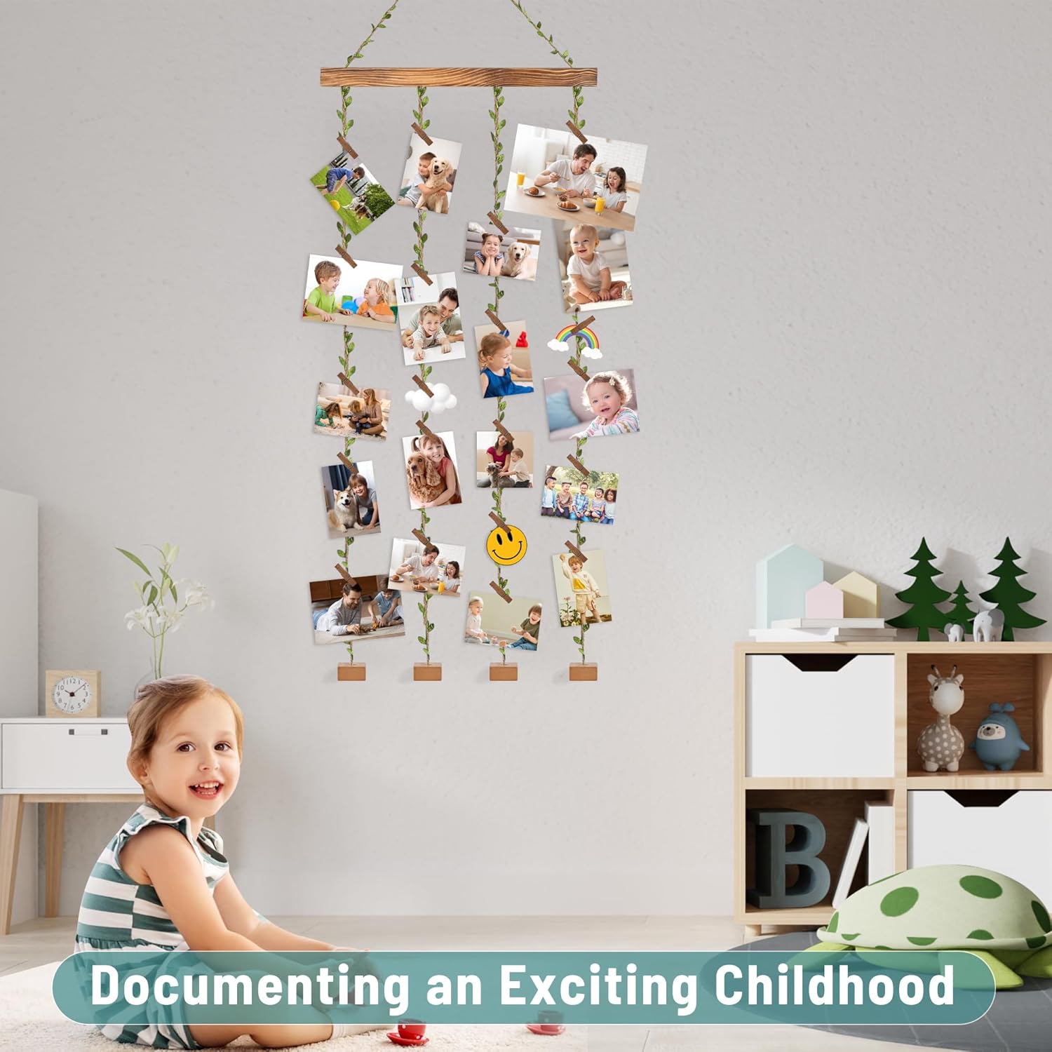 Wooden Hanging Photo Display with 20 Clips Wall Decor Frame