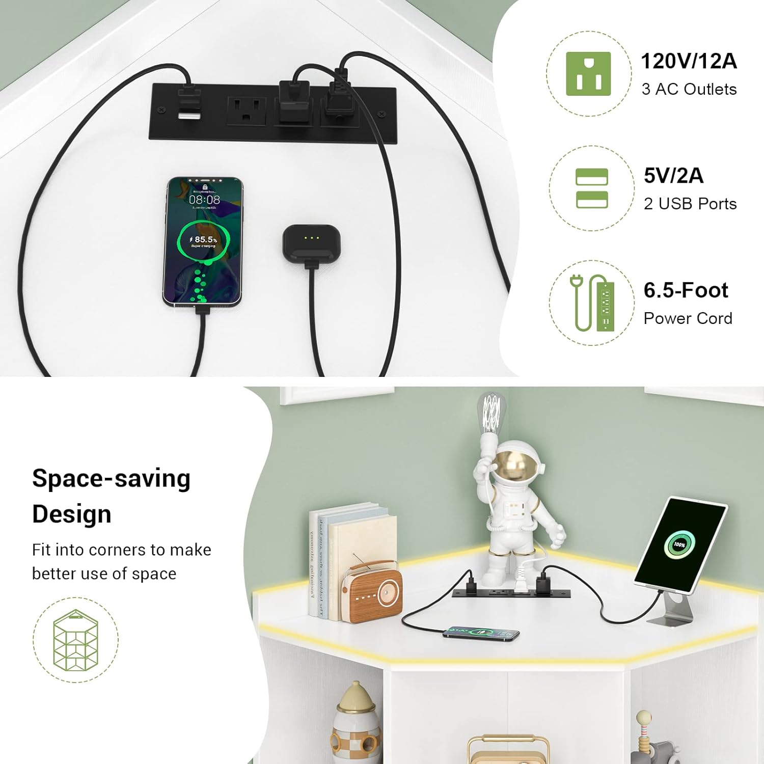 Aheaplus Corner Cabinet with USB and Outlets