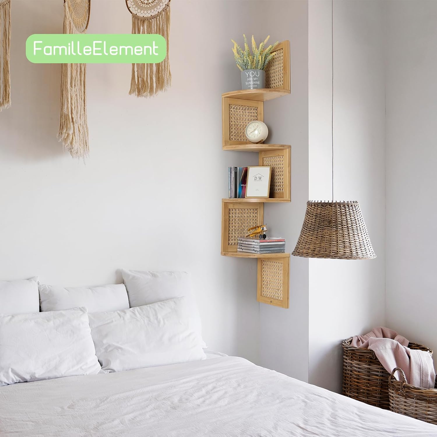 Bamboo 4-Tier Floating Corner Shelf Natural Rattan Wall Mount