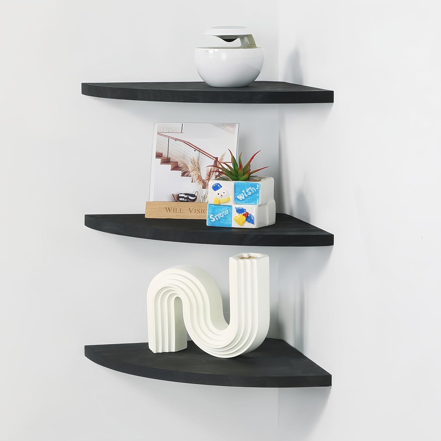 Wood Corner Floating Shelf with Cable Raceway - 10 Inch Black