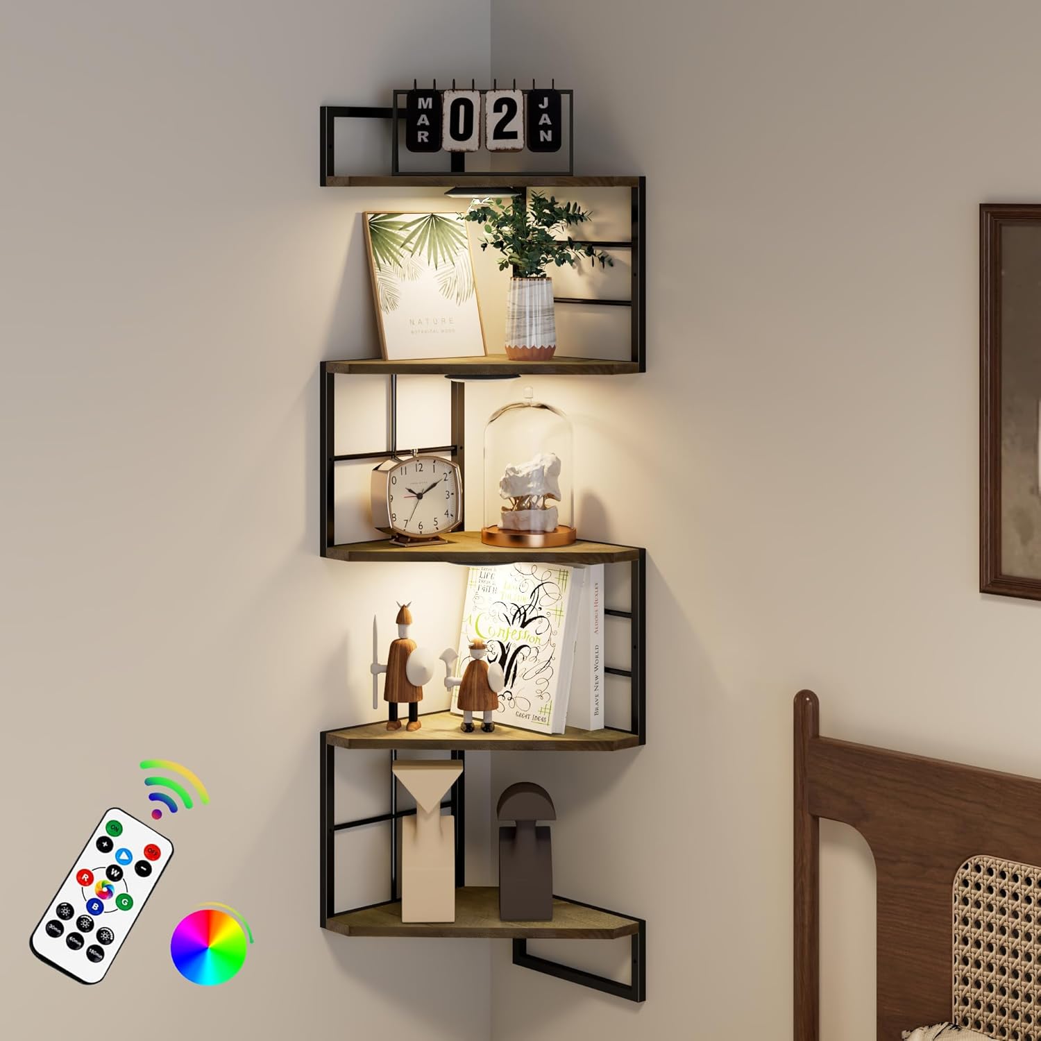 Floating Corner Shelves with Light - 5 Tiers Metal Wall Mount