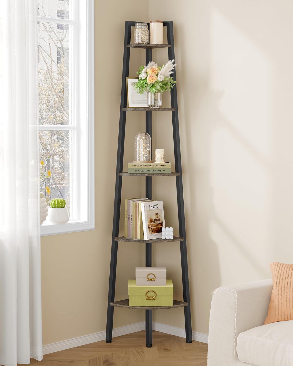 Hoctieon 5-Tier Corner Bookshelf Grey Metal Frame