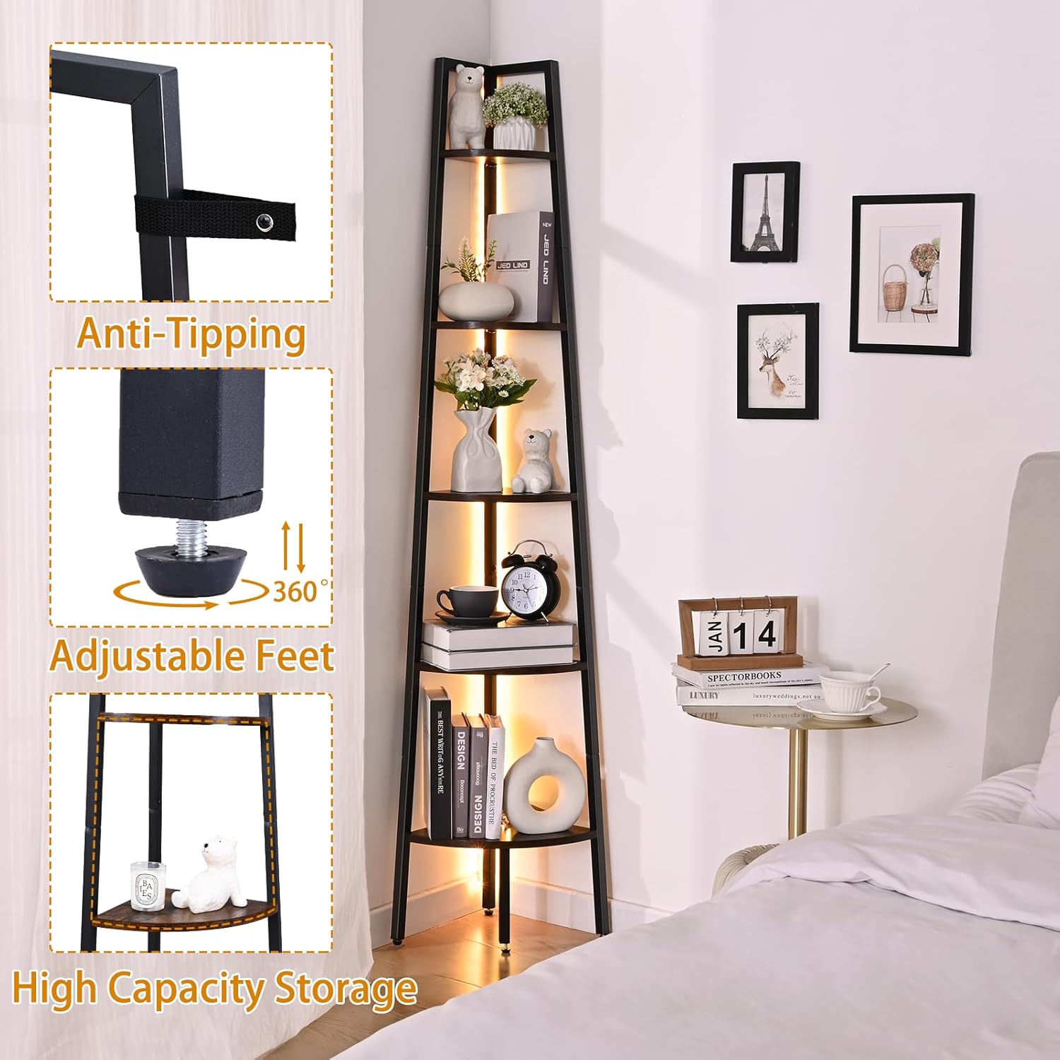 Waipfaru 5-Tier Corner Bookshelf with LED Light