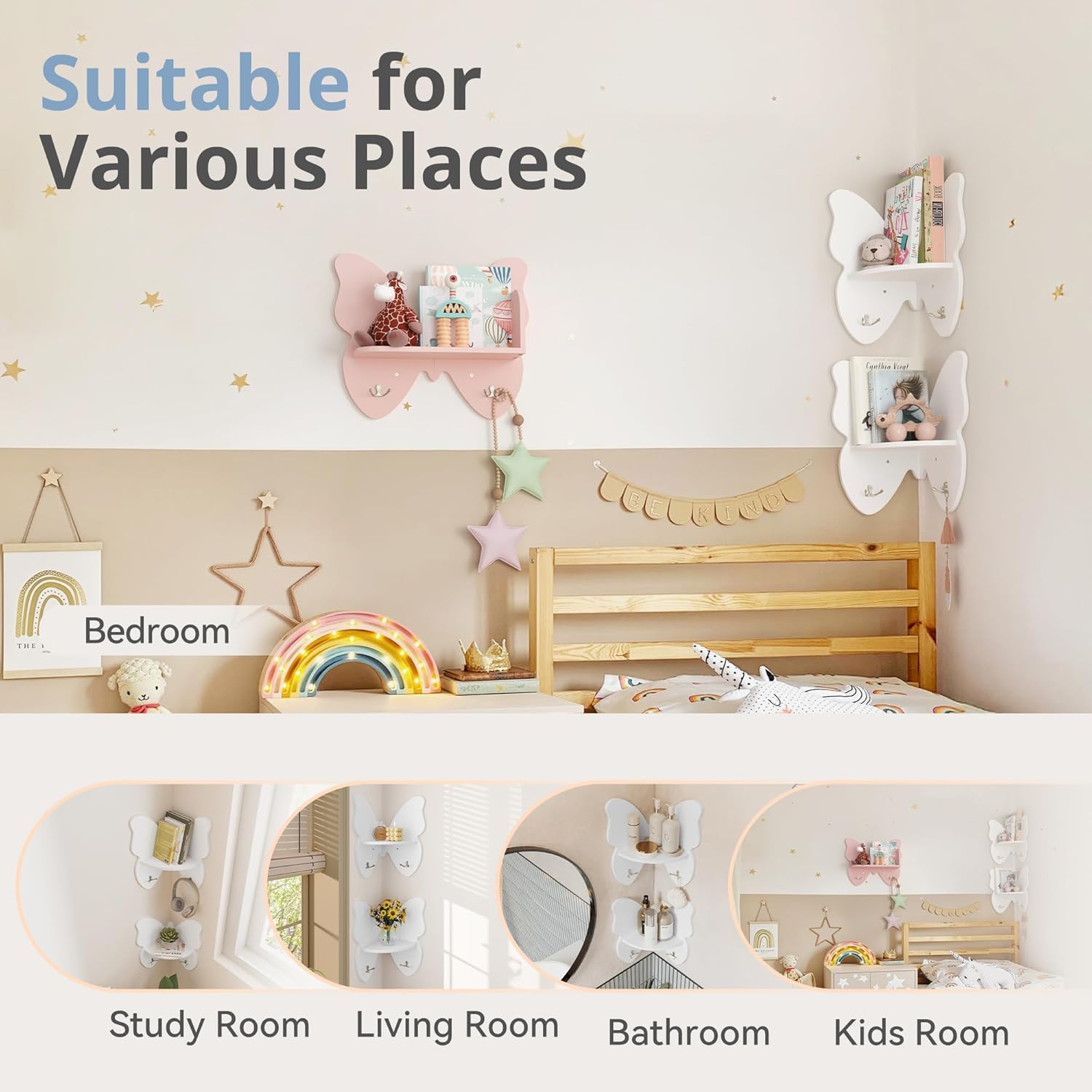 Curipeer 2 Pack Butterfly Corner Floating Shelves with Hooks White
