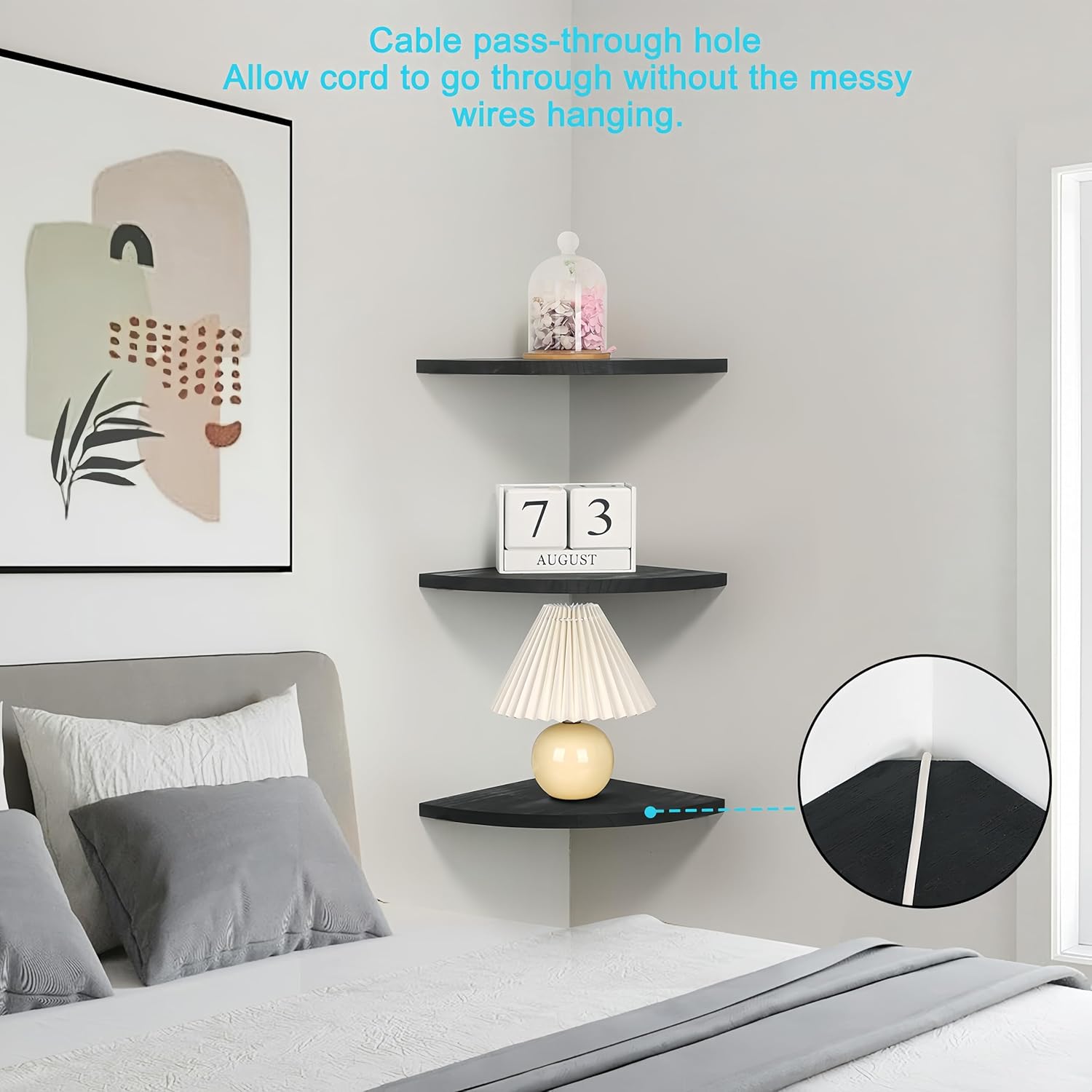 Wood Corner Floating Shelf with Cable Raceway - 10 Inch Black