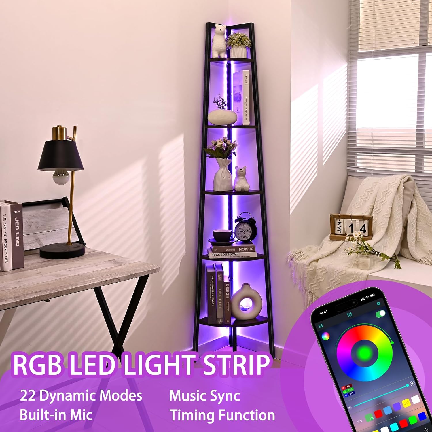 Waipfaru 5-Tier Corner Bookshelf with LED Light