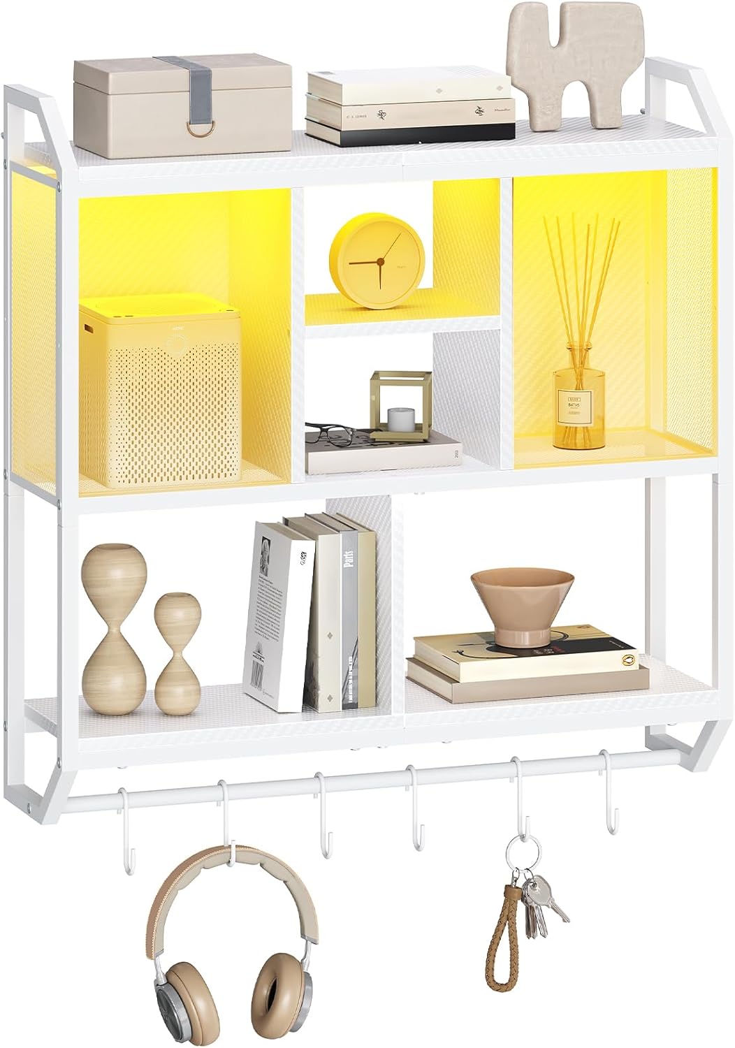 HOOBRO LED Gaming Floating Shelf with 3 Tiers and Hanging Rod