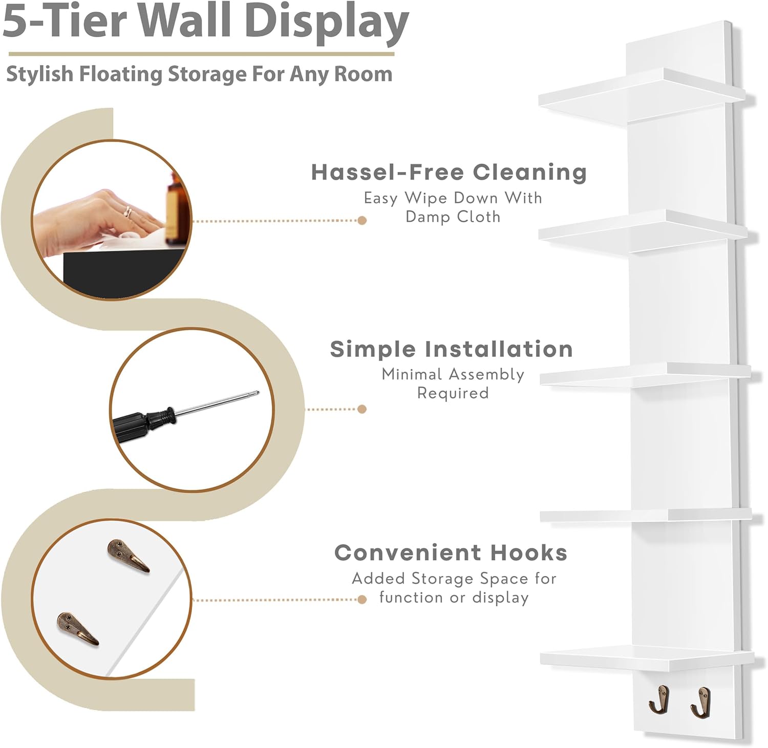 Sorbus 5 Tier Wall Shelf with Hooks and Storage