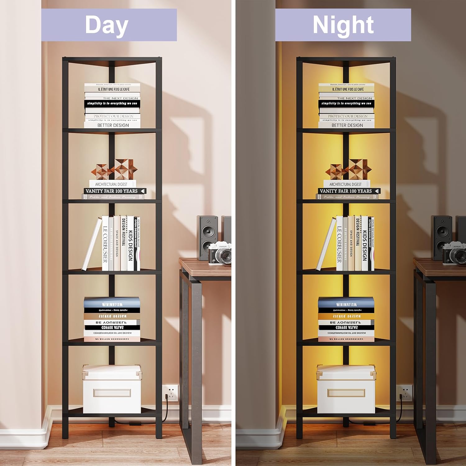 TUTOTAK Corner Shelf with LED Light 6-Tier Black BS05BK006L
