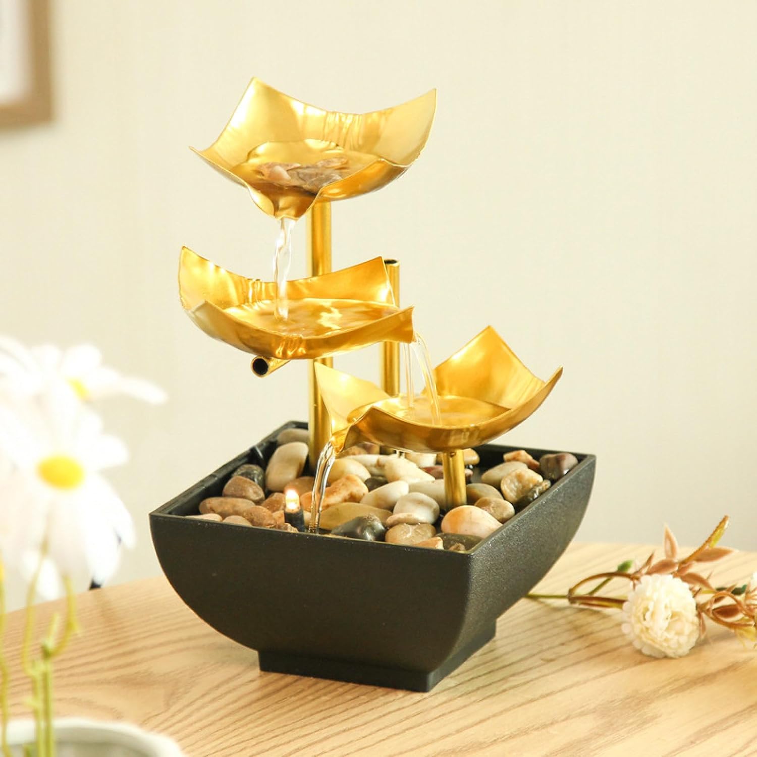 APLUSH Tabletop Fountain Waterfall with 3-Tier Design and Deep Basin