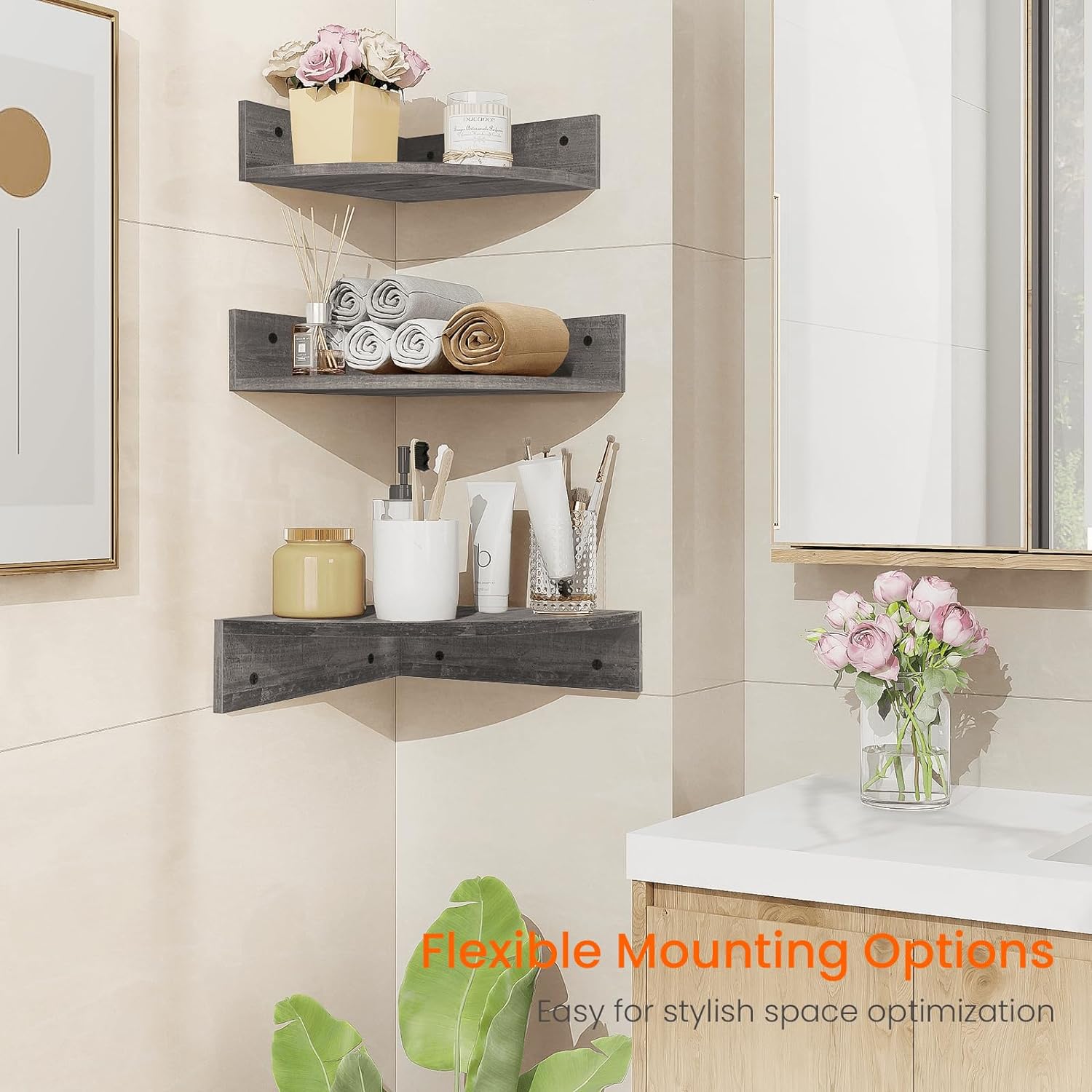 Homode Corner Floating Shelves Set of 3 Rustic Grey
