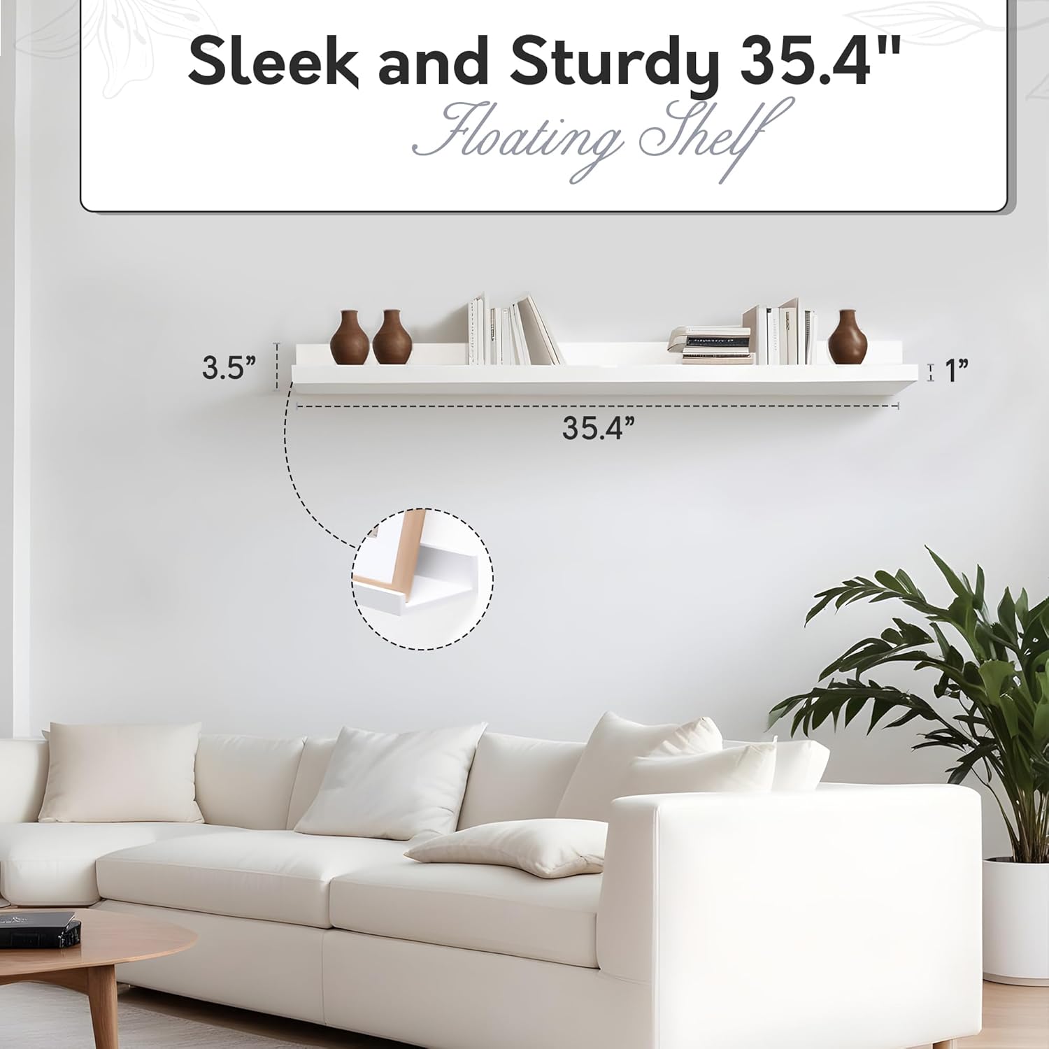 InPlace Durable Shelf with Picture Ledge - White Floating Wall Mount