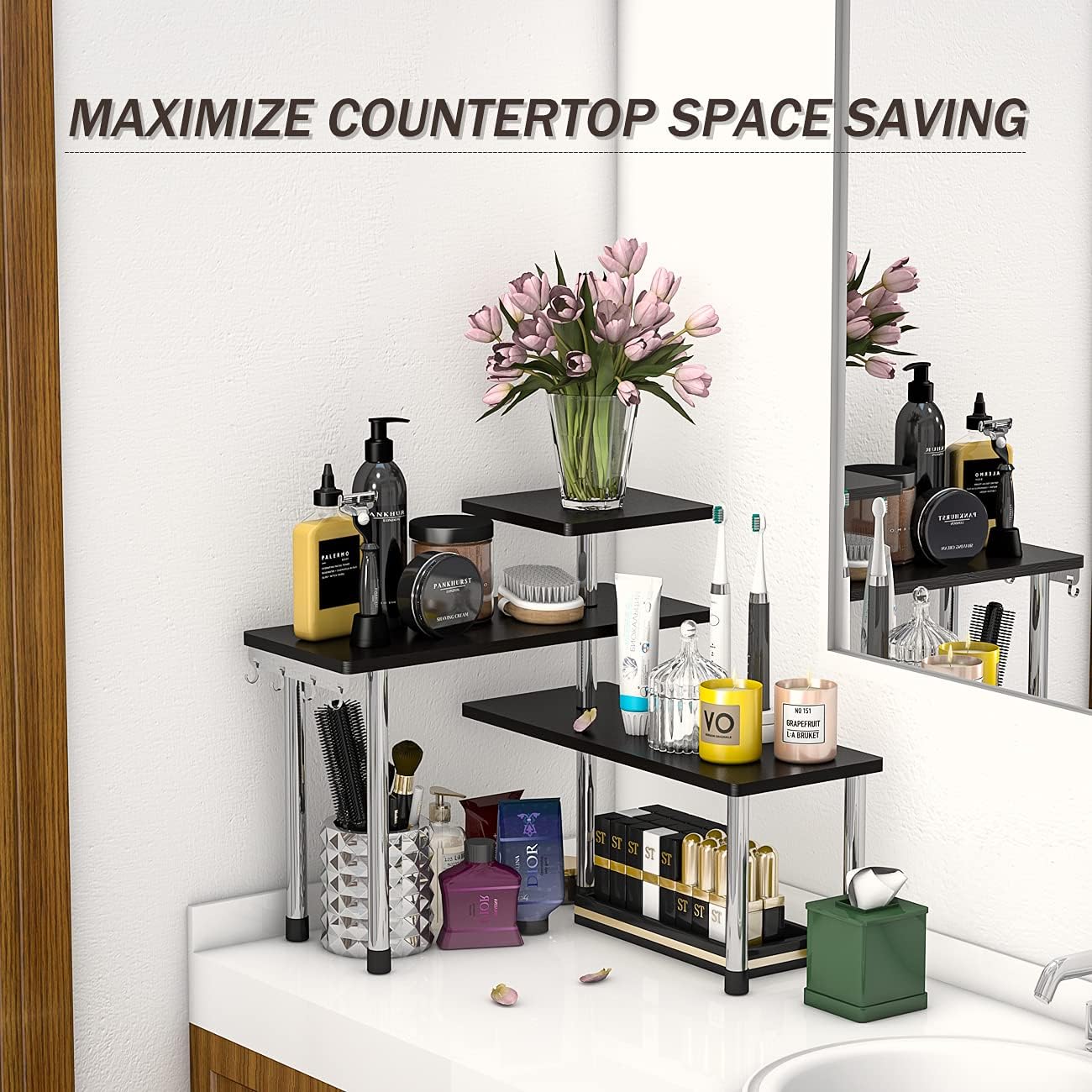 ZHWS Corner Shelf Organizer - 3 Tier Bamboo Black