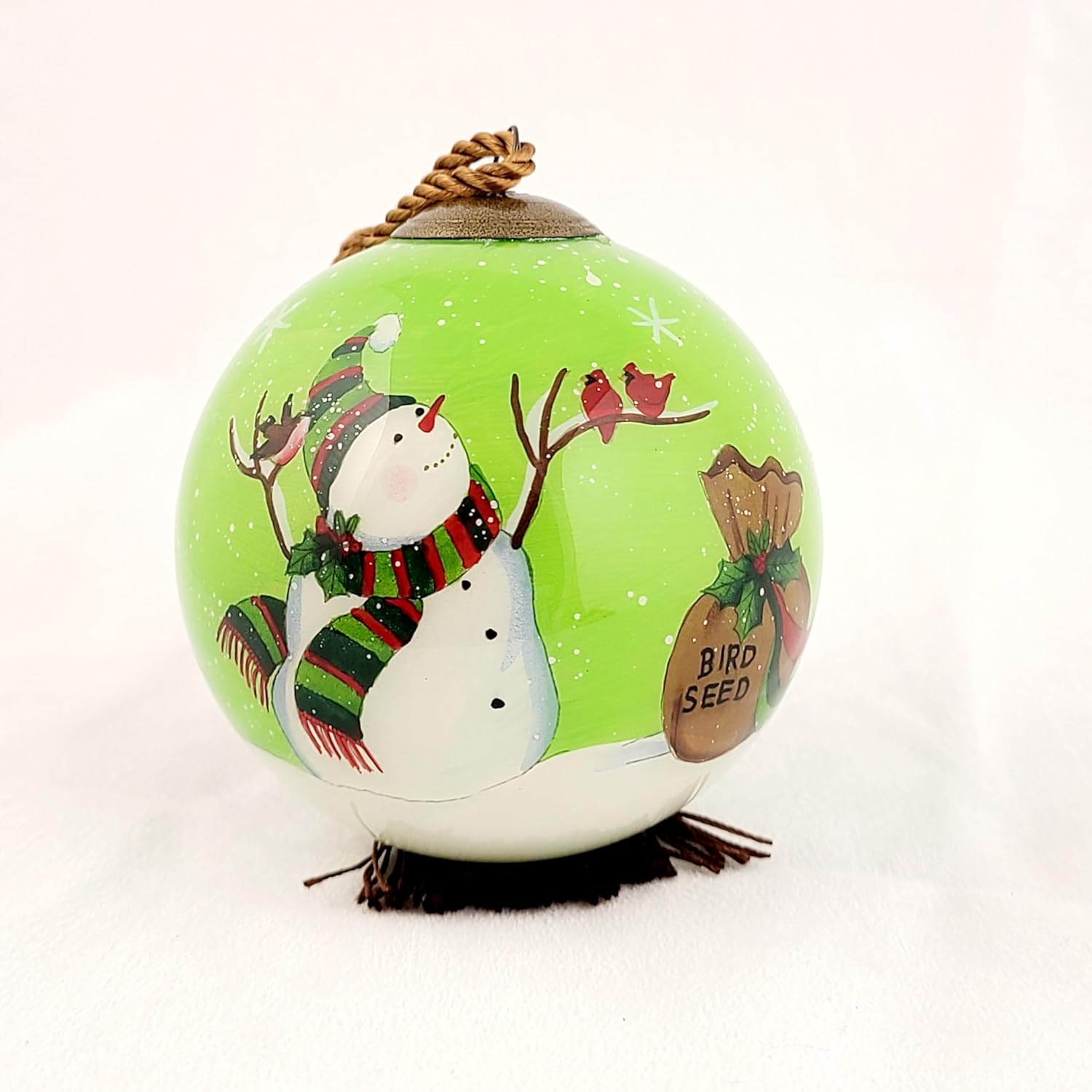Intricate Inside-Painted Snowman Feeding Birds Glass Ornament