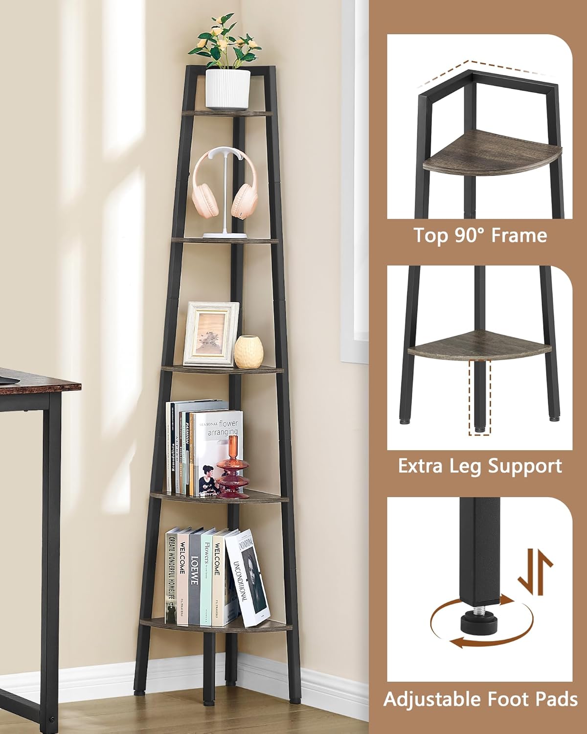 Hoctieon 5-Tier Corner Bookshelf Grey Metal Frame