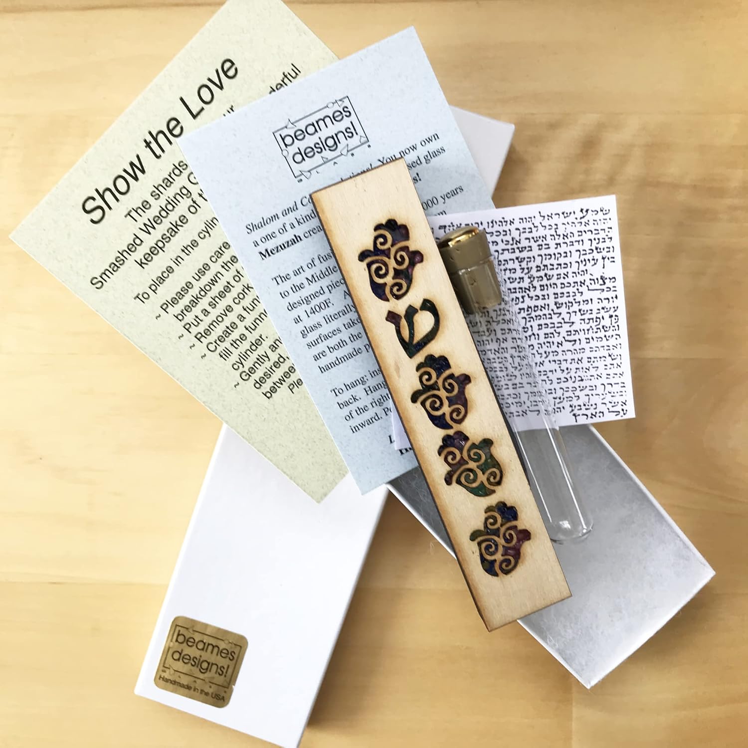 Handmade Hamsa Maple Wood Blue Fused Glass Wedding Mezuzah