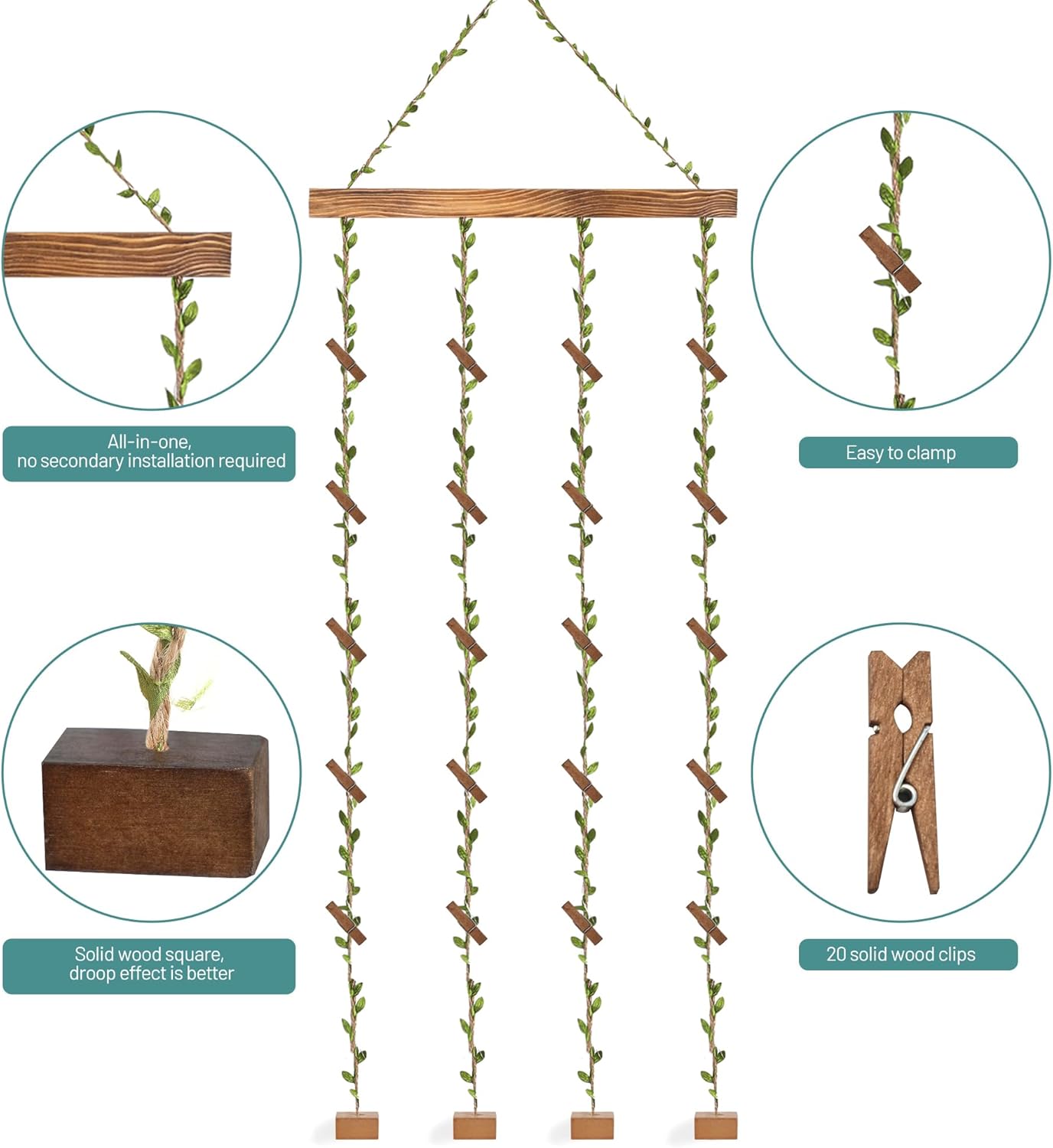 Wooden Hanging Photo Display with 20 Clips Wall Decor Frame
