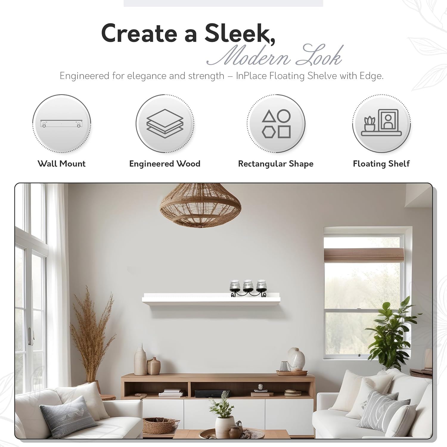 InPlace Durable Shelf with Picture Ledge - White Floating Wall Mount