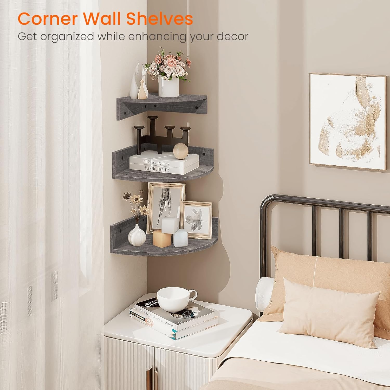 Homode Corner Floating Shelves Set of 3 Rustic Grey