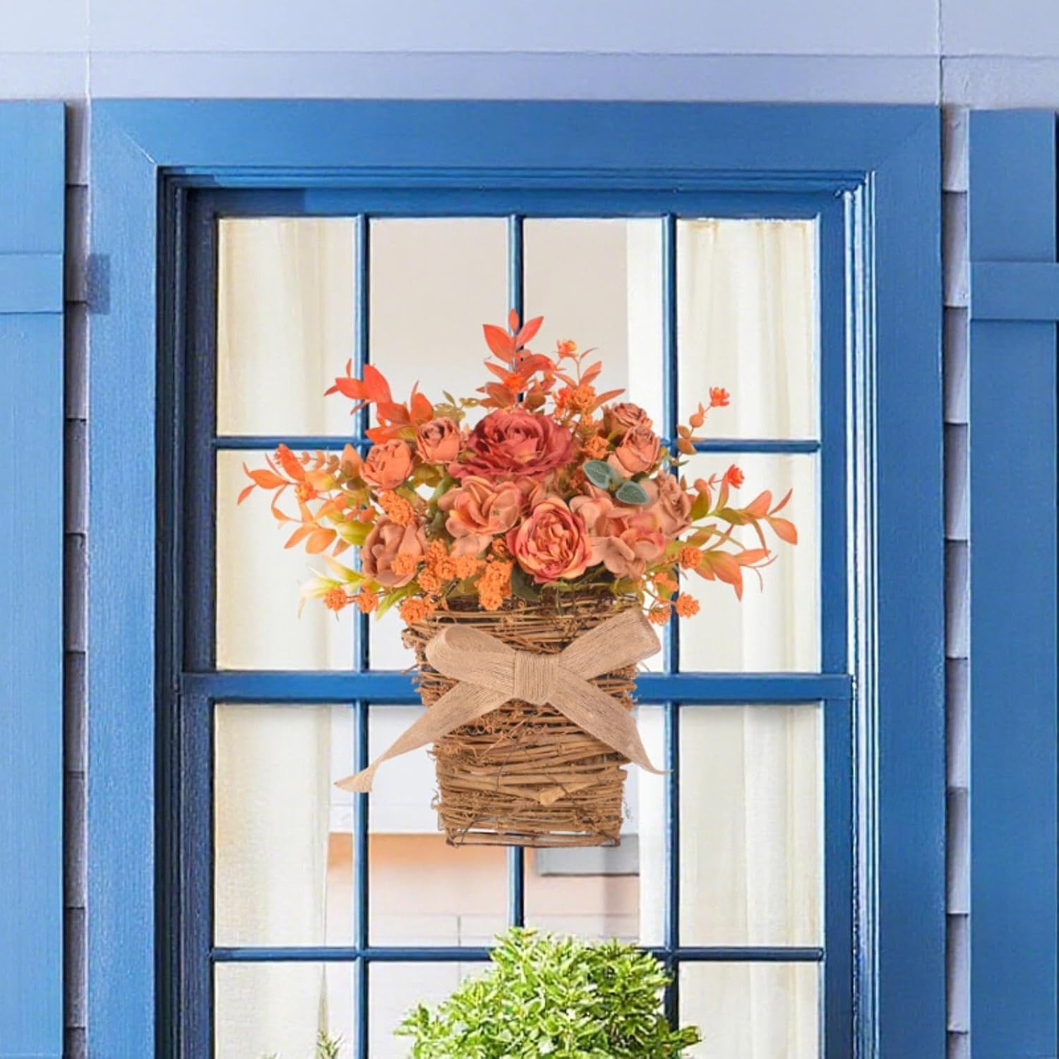 Wooden Door Hanger Basket with Silk Flowers