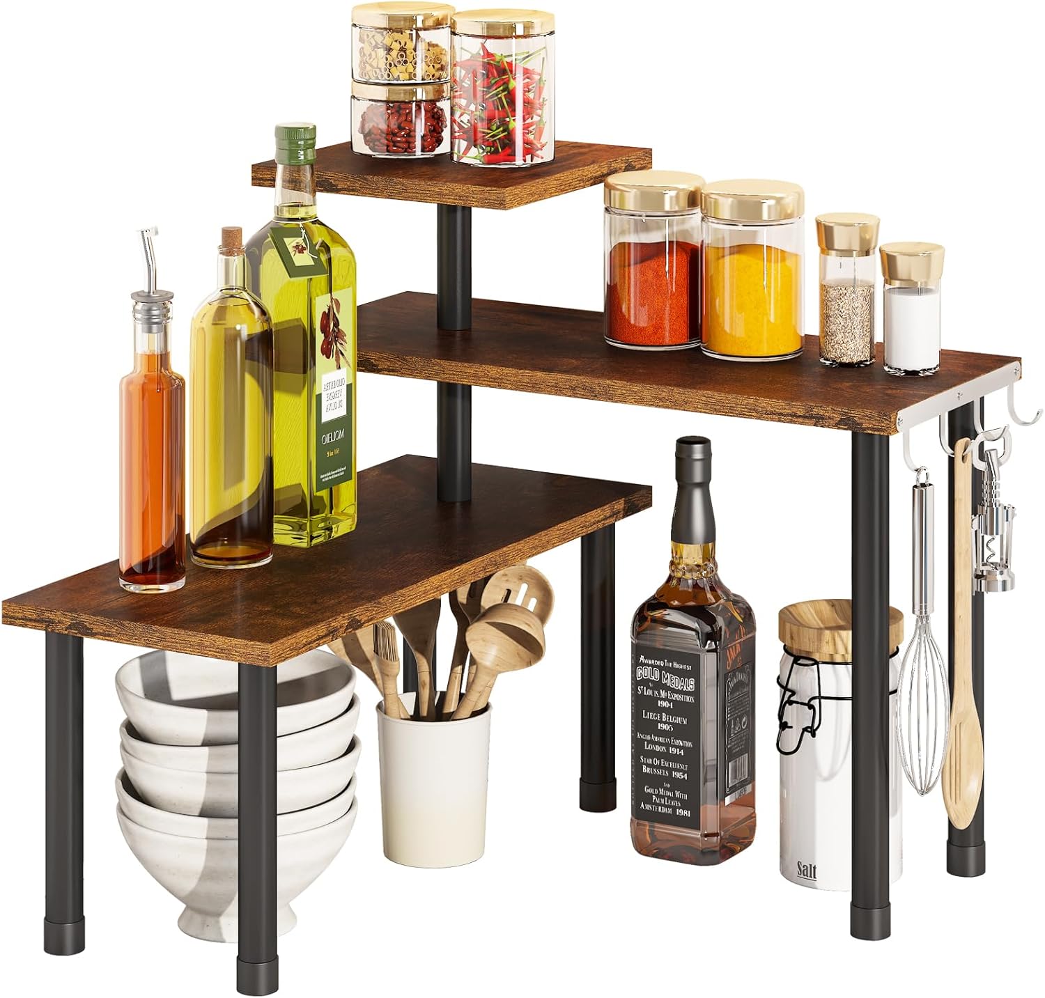 BMOSU Kitchen Corner Shelf with Hooks and Adjustable Spice Rack