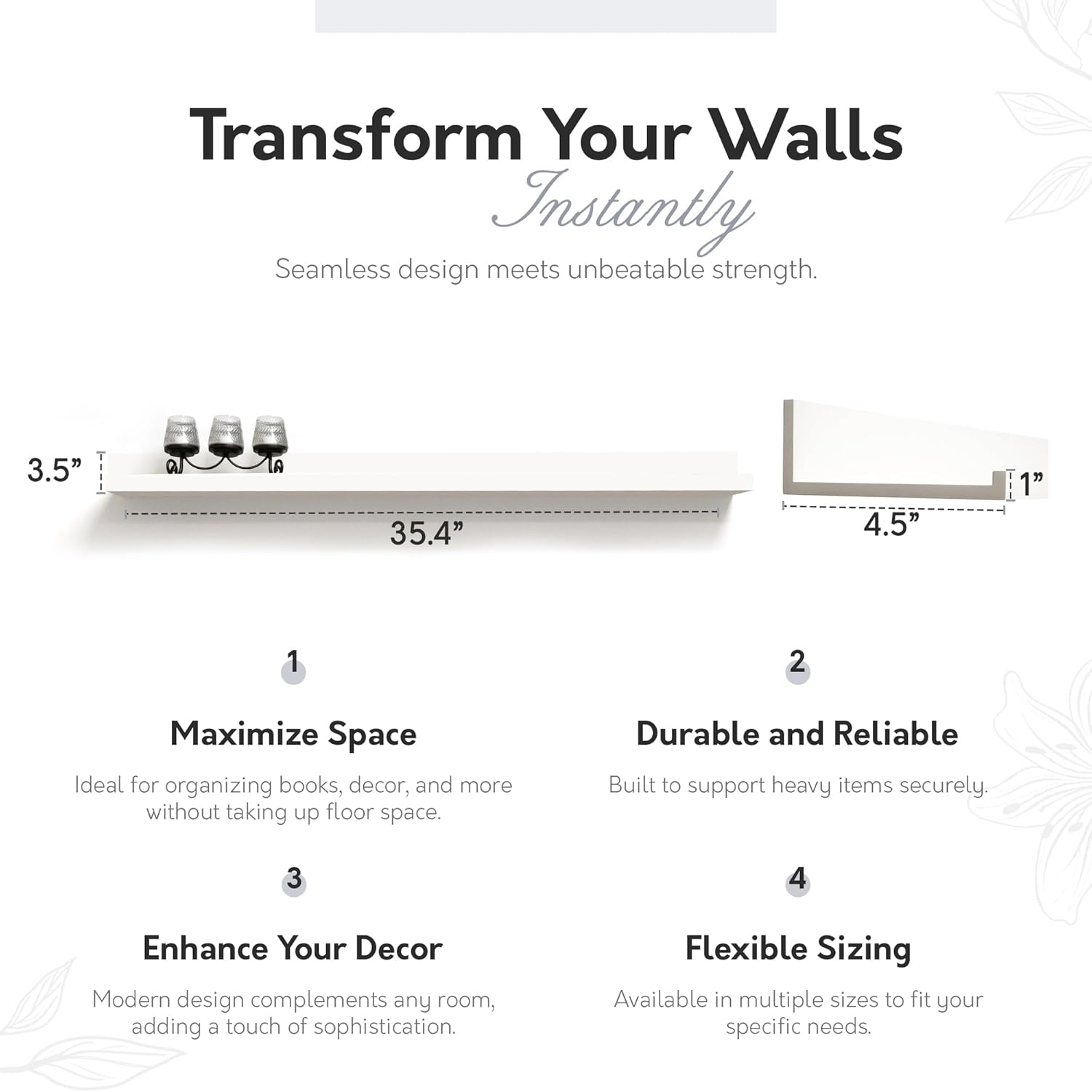 InPlace Durable Shelf with Picture Ledge - White Floating Wall Mount