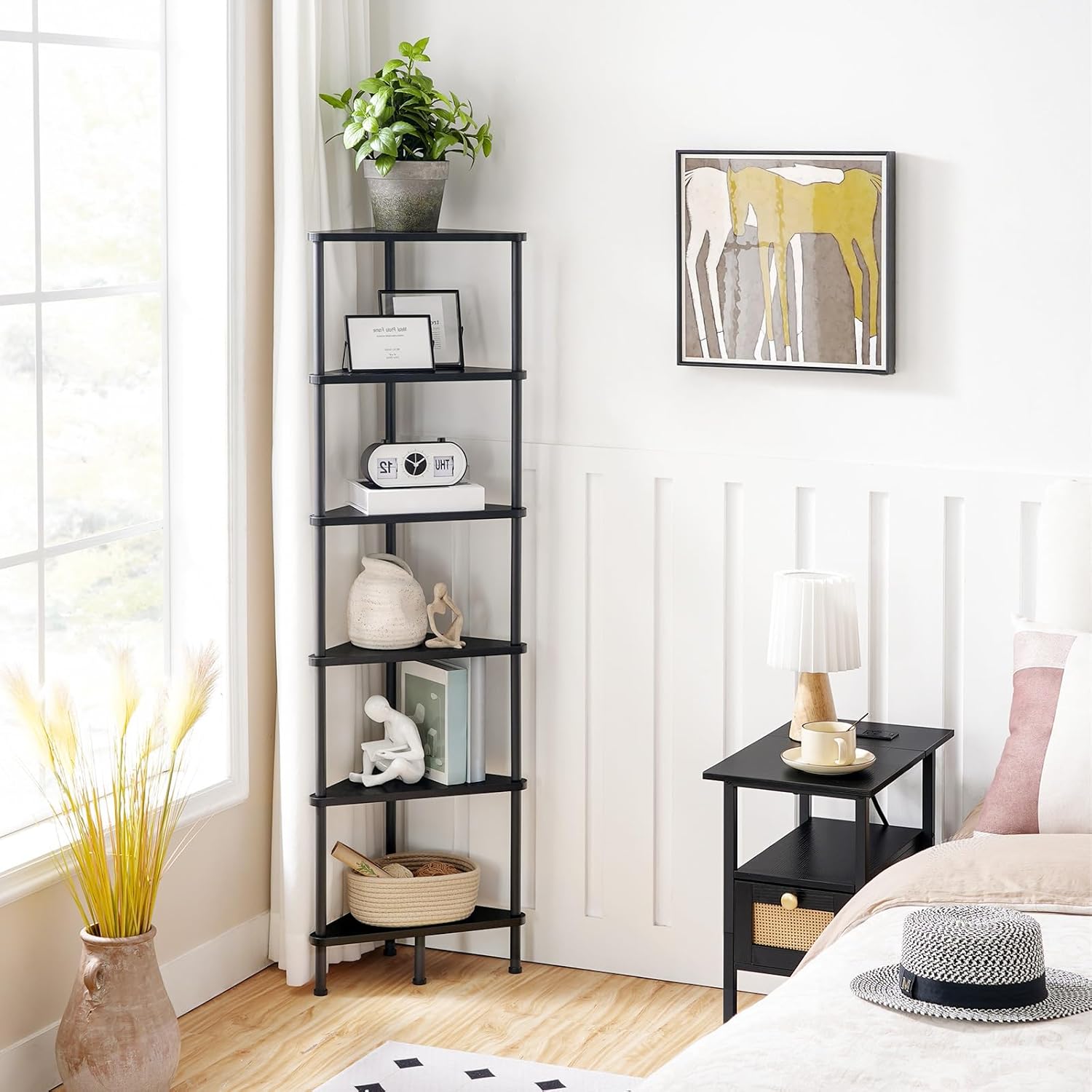 HOOBRO 6-Tier Corner Bookshelf with Metal Frame Black BK36CJ01