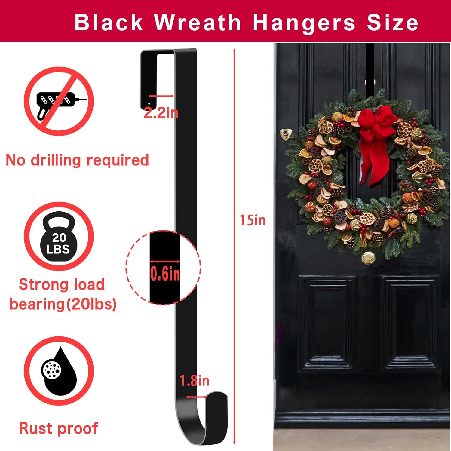 4 Pack 15 Inch Wreath Hanger Metal Hooks Black