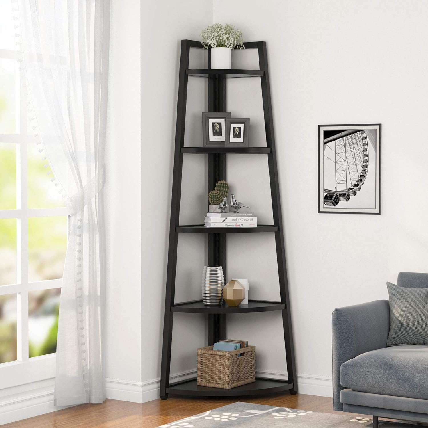 Tribesigns 70 Inch Tall Corner Shelf Black