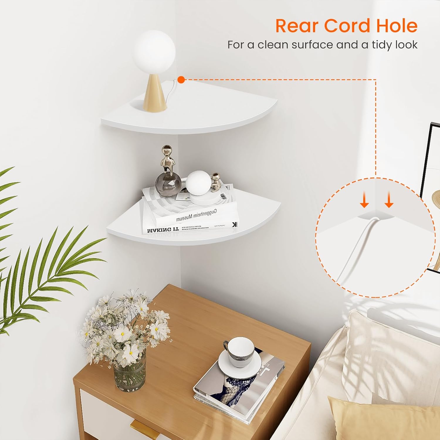 Homode Corner Wall Shelf Set of 2 White Floating Wooden