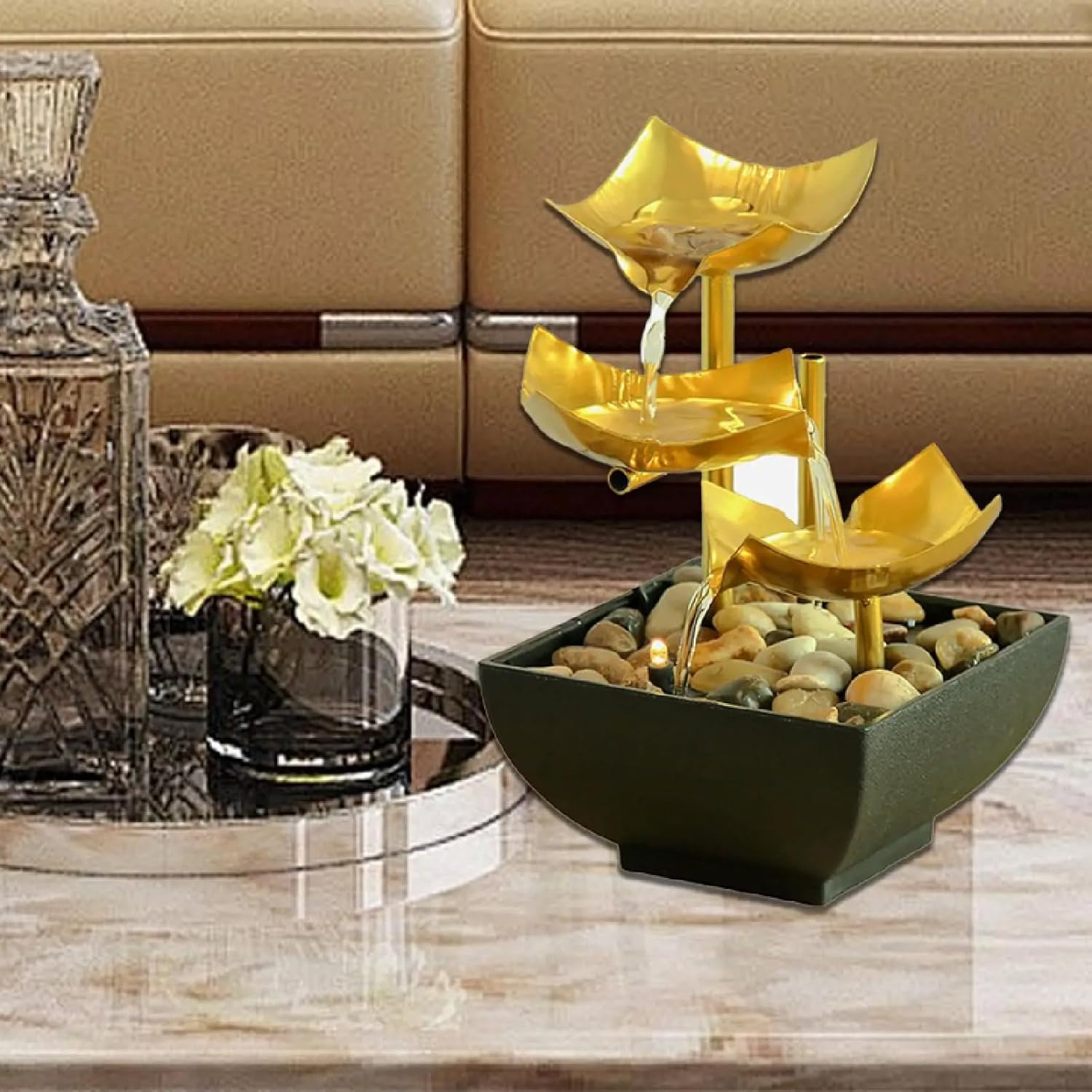 APLUSH Tabletop Fountain Waterfall with 3-Tier Design and Deep Basin