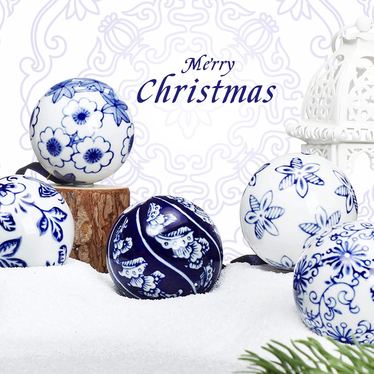 Cindeer 6 Pcs Blue and White Porcelain Christmas Balls