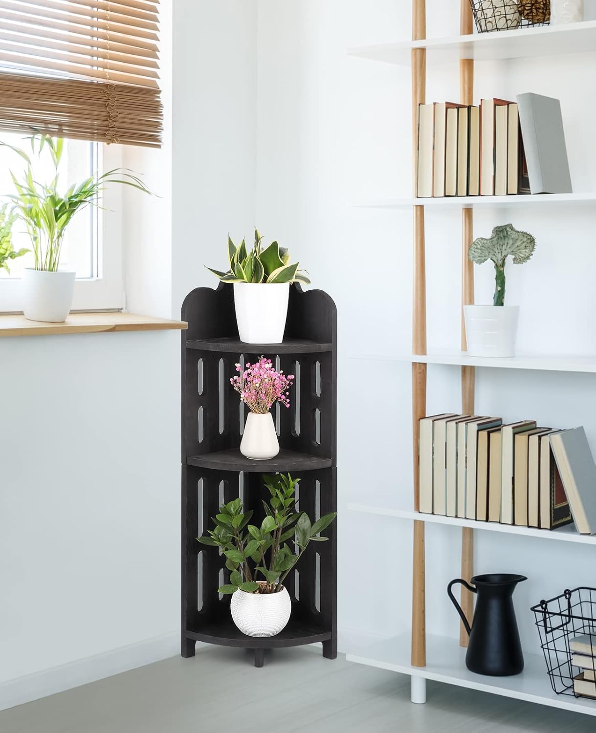 Meangood 3 Tier Solid Wood Corner Shelf Stand
