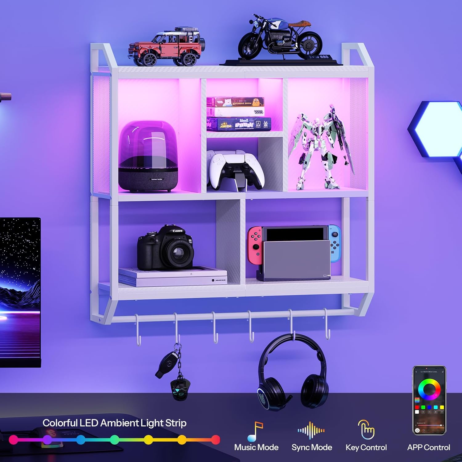HOOBRO LED Gaming Floating Shelf with 3 Tiers and Hanging Rod