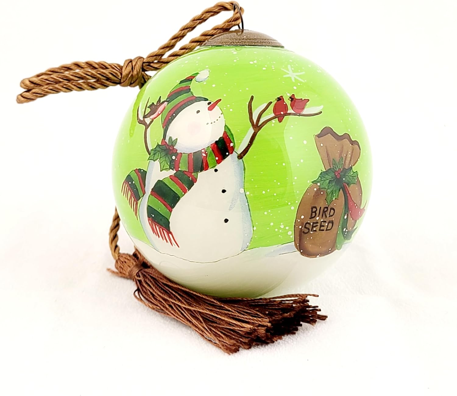 Intricate Inside-Painted Snowman Feeding Birds Glass Ornament