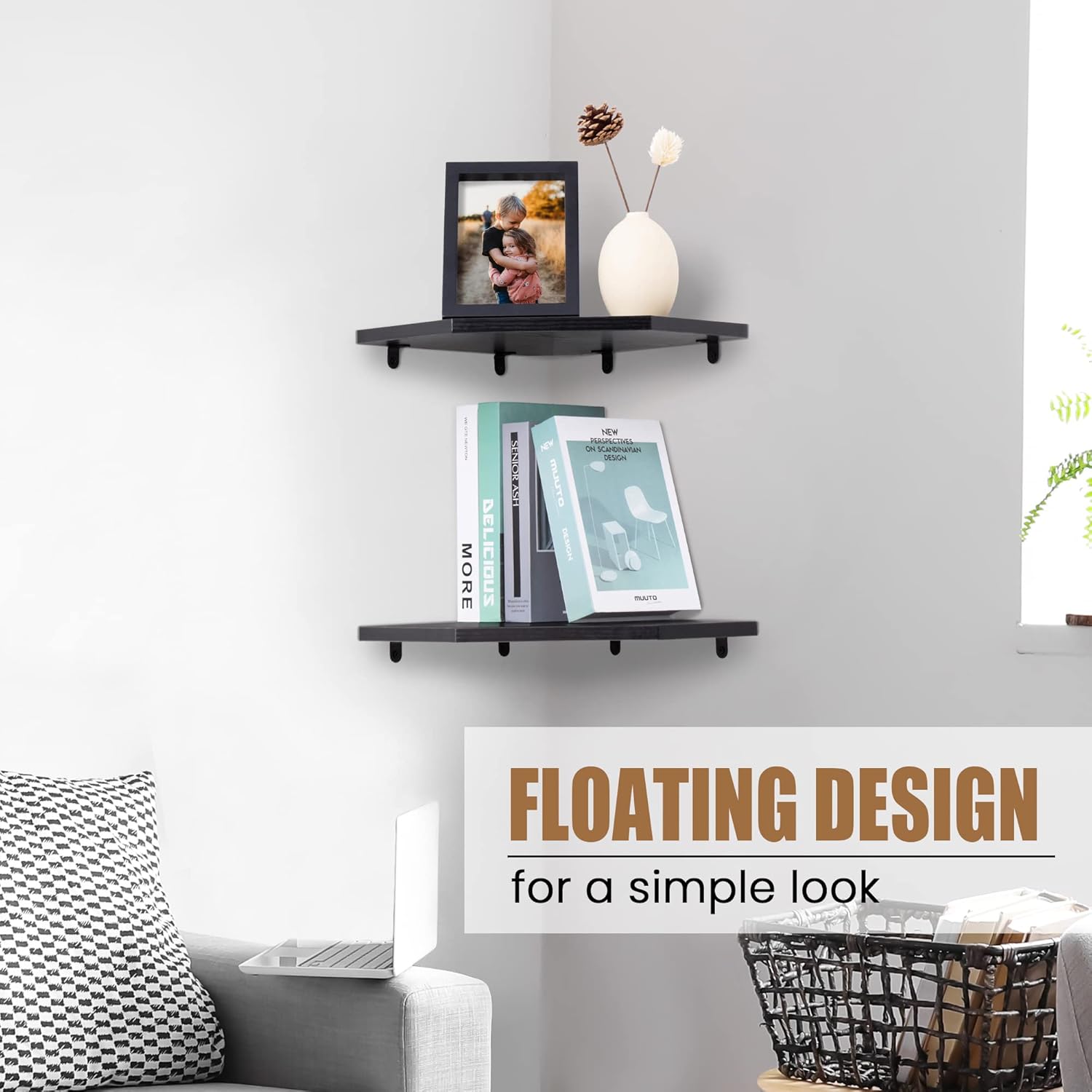 Set of 4 Classic Black Floating Corner Shelves