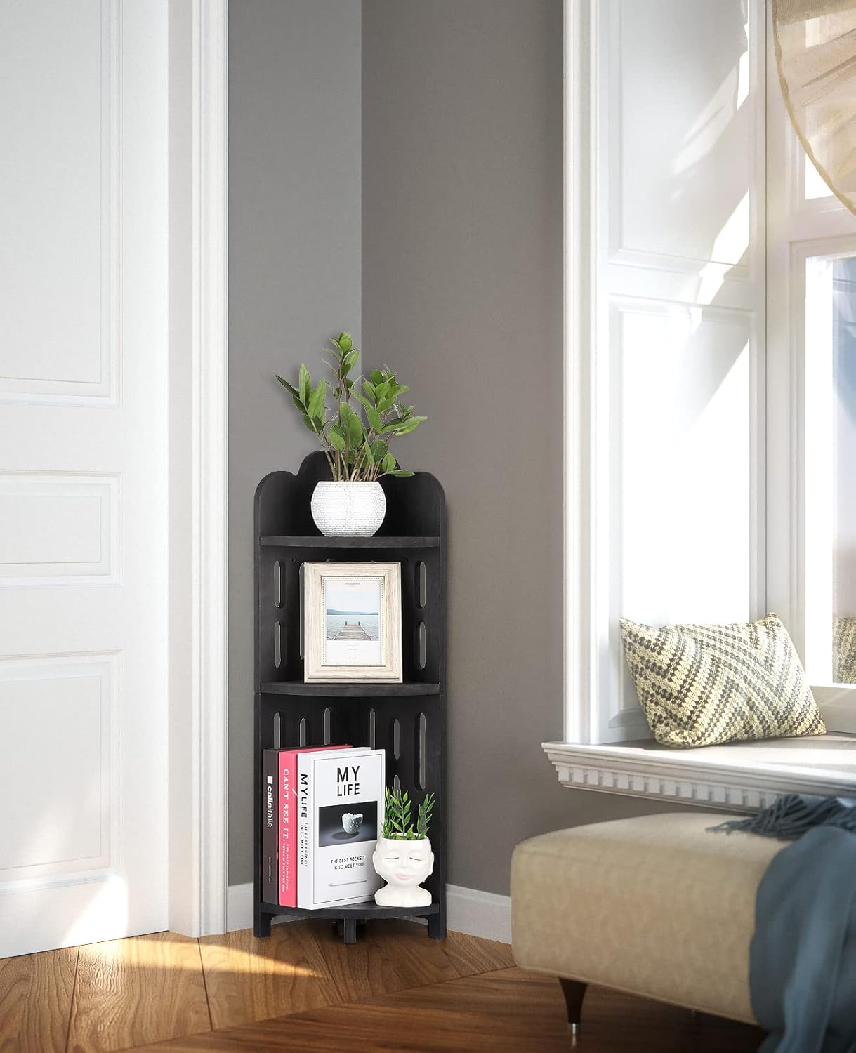 Meangood 3 Tier Solid Wood Corner Shelf Stand