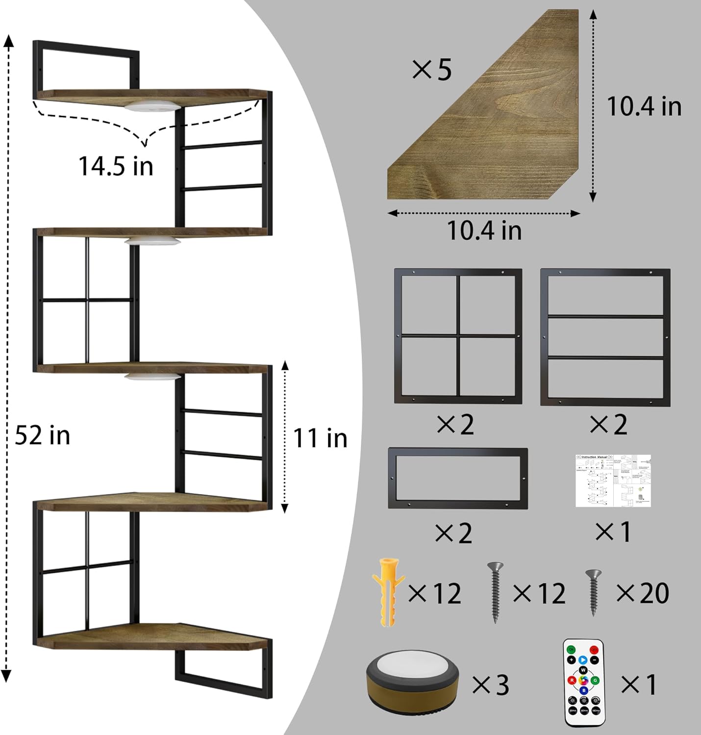 Floating Corner Shelves with Light - 5 Tiers Metal Wall Mount